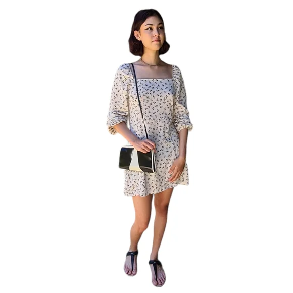 Cotton On M Ivory Floral Long Sleeve Square Neckline Mini Dress - Picture 8 of 14